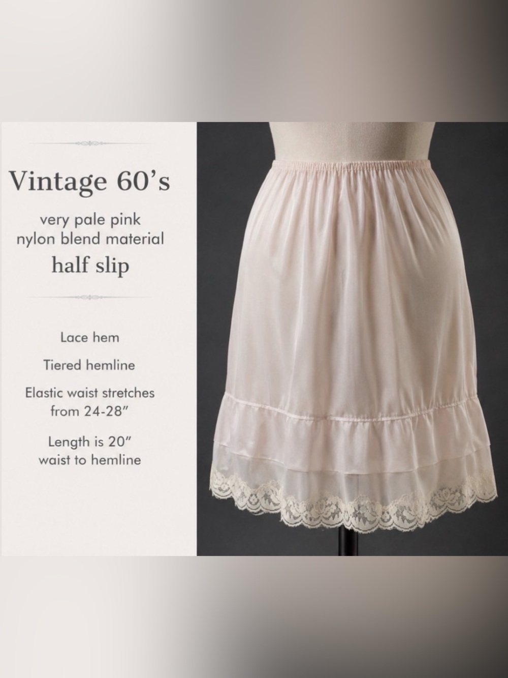 Pembrooke 1960s Pale Pink Vintage Half Slip with Lace Hem